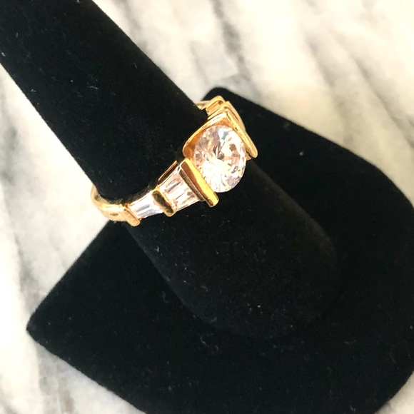 Gold CZ Solitaire Baguette Ring - Picture 2 of 6